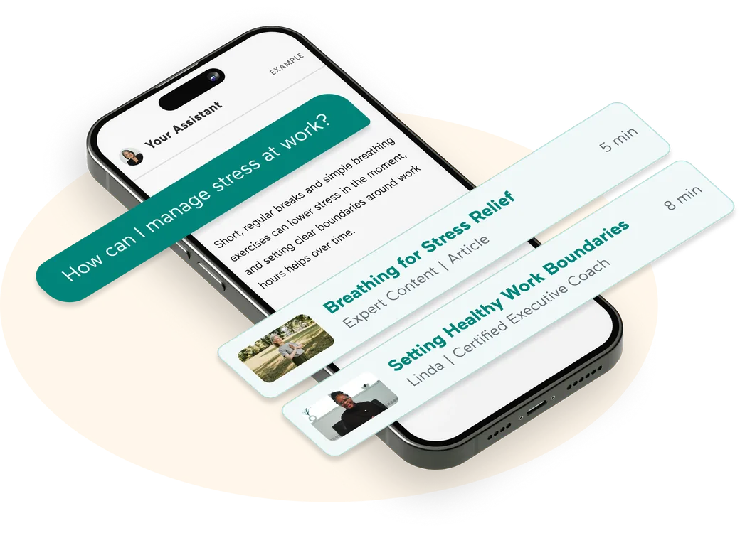Example of an existing assistant calling CARAVAN: a user asks "How can I manage stress at work?" and the assistant answers with two CARAVAN recommendations, "Breathing for Stress Relief" and "Setting Healthy Work Boundaries".